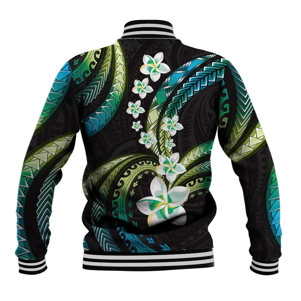 Hawaii Plumeria Baseball Jacket Chartreuse Cyan Polynesian Pattern