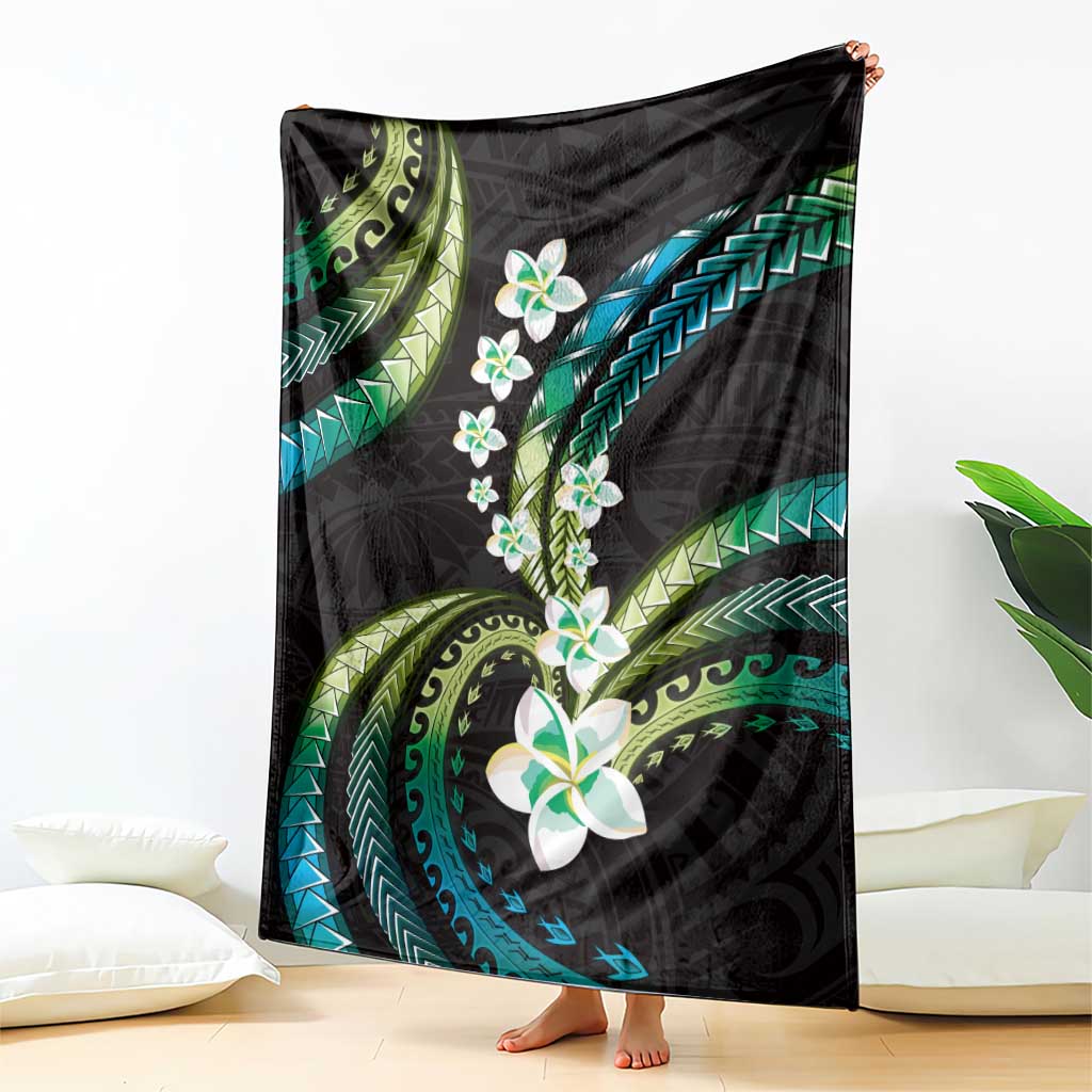 Hawaii Plumeria Blanket Chartreuse Cyan Polynesian Pattern