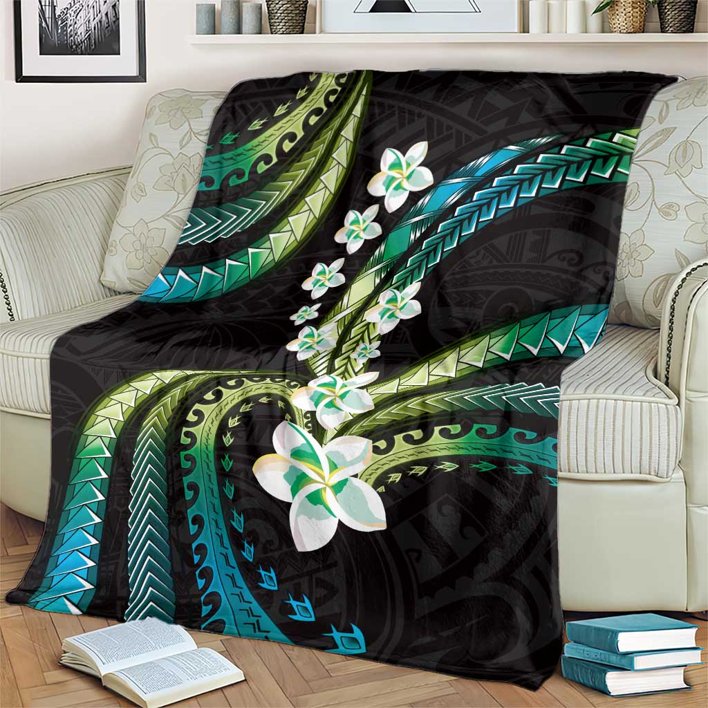 Hawaii Plumeria Blanket Chartreuse Cyan Polynesian Pattern