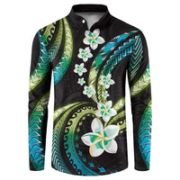 Hawaii Plumeria Button Sweatshirt Chartreuse Cyan Polynesian Pattern