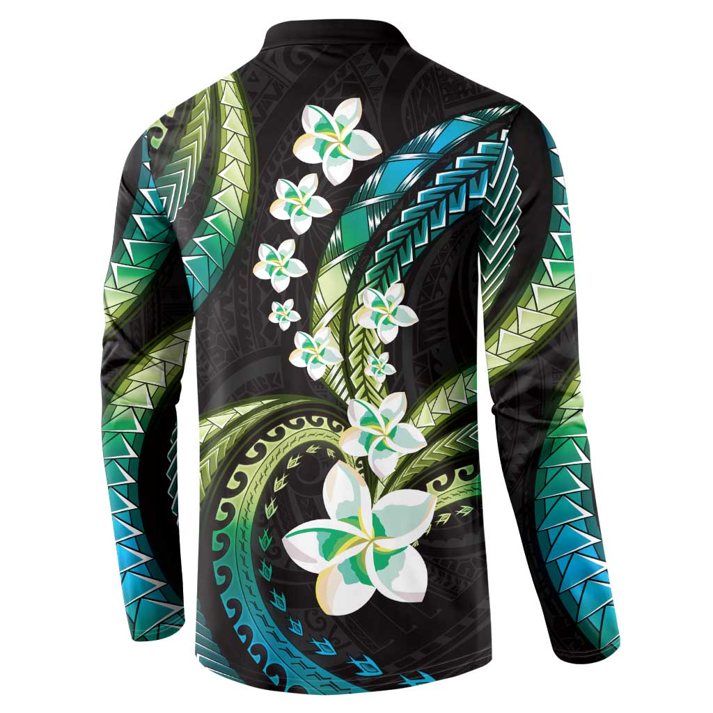 Hawaii Plumeria Button Sweatshirt Chartreuse Cyan Polynesian Pattern