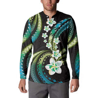 Hawaii Plumeria Button Sweatshirt Chartreuse Cyan Polynesian Pattern
