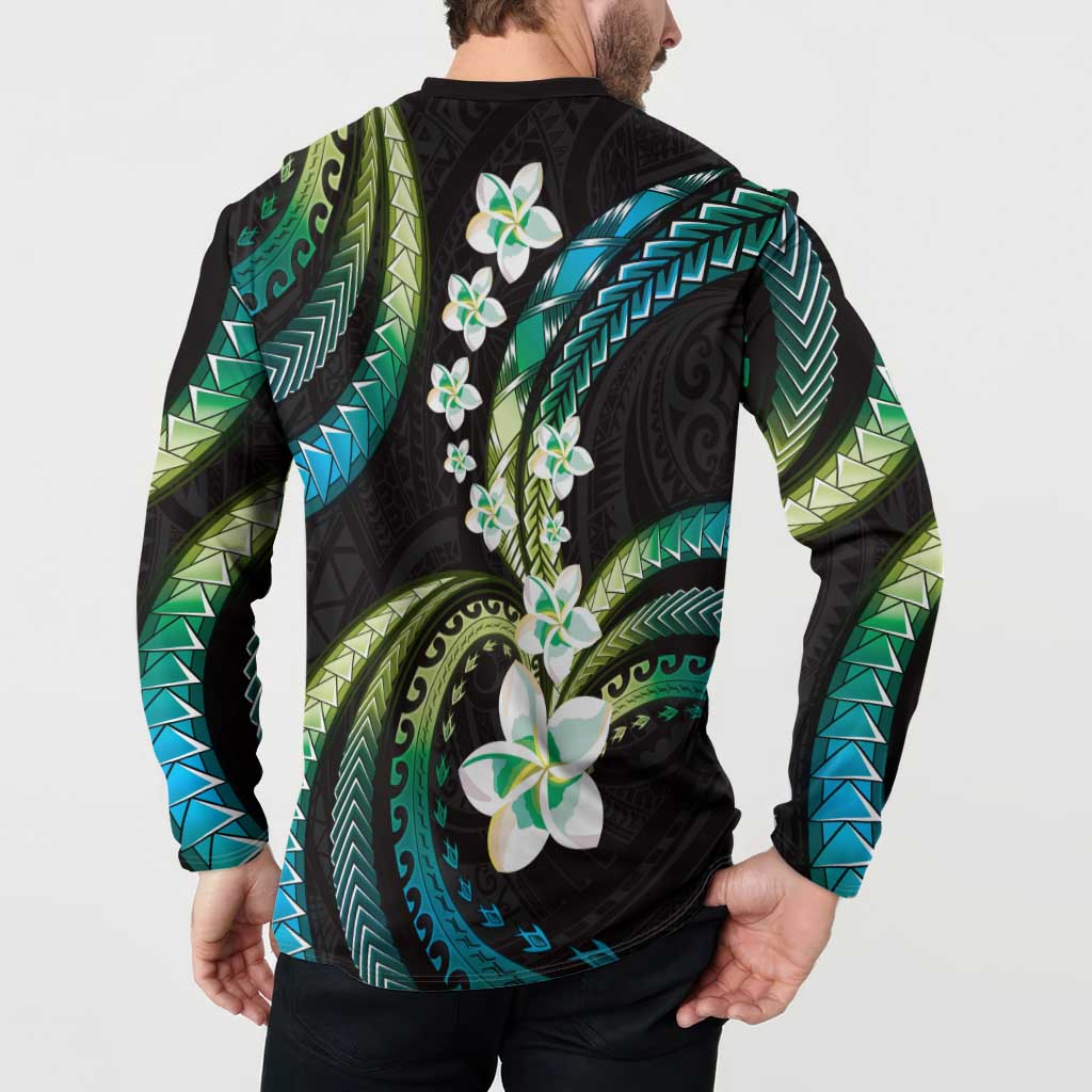 Hawaii Plumeria Button Sweatshirt Chartreuse Cyan Polynesian Pattern