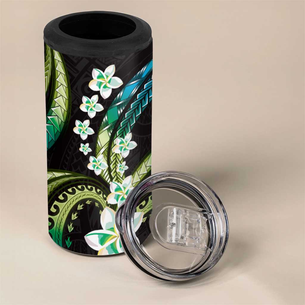 Hawaii Plumeria 4 in 1 Can Cooler Tumbler Chartreuse Cyan Polynesian Pattern