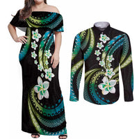 Hawaii Plumeria Couples Matching Off Shoulder Maxi Dress and Long Sleeve Button Shirt Chartreuse Cyan Polynesian Pattern