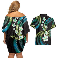 Hawaii Plumeria Couples Matching Off Shoulder Short Dress and Hawaiian Shirt Chartreuse Cyan Polynesian Pattern