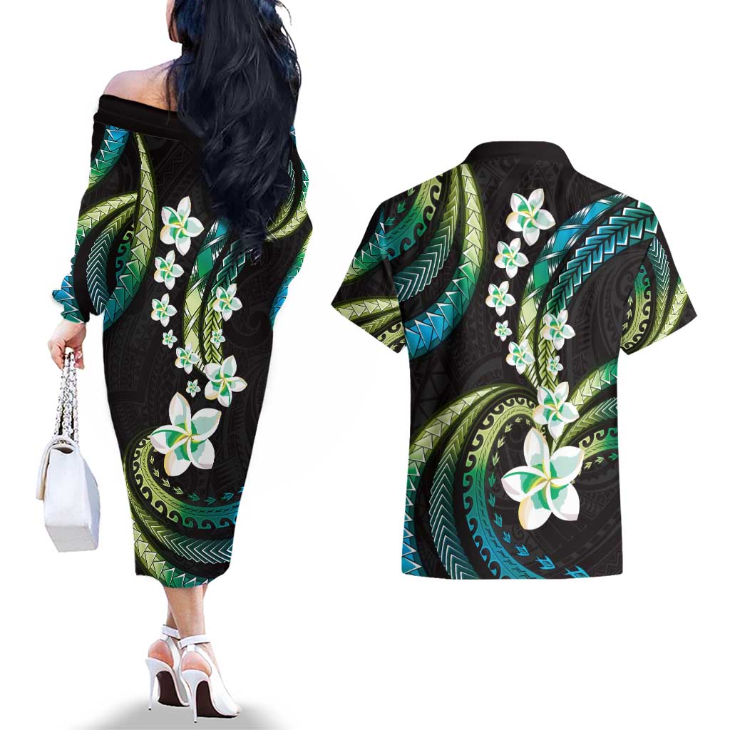 Hawaii Plumeria Couples Matching Off The Shoulder Long Sleeve Dress and Hawaiian Shirt Chartreuse Cyan Polynesian Pattern