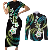 Hawaii Plumeria Couples Matching Short Sleeve Bodycon Dress and Long Sleeve Button Shirt Chartreuse Cyan Polynesian Pattern