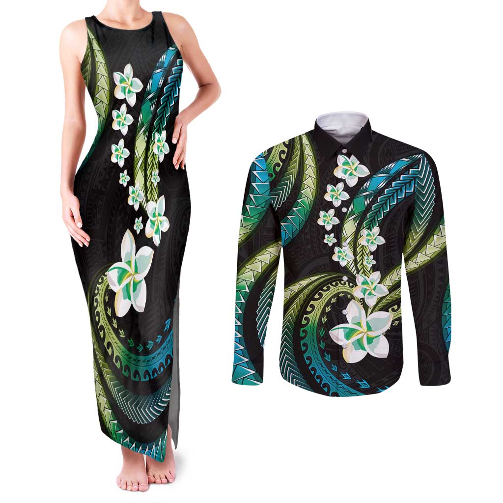 Hawaii Plumeria Couples Matching Tank Maxi Dress and Long Sleeve Button Shirt Chartreuse Cyan Polynesian Pattern