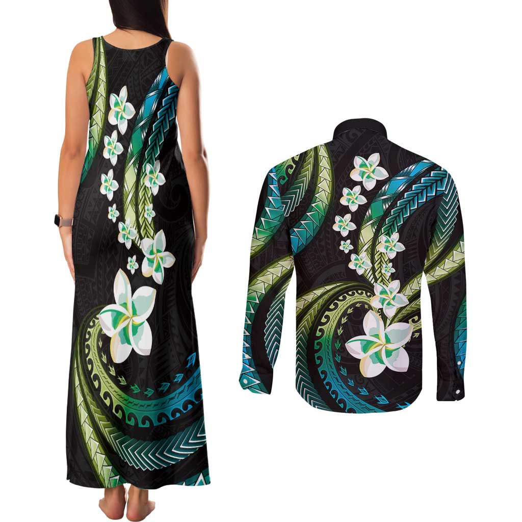 Hawaii Plumeria Couples Matching Tank Maxi Dress and Long Sleeve Button Shirt Chartreuse Cyan Polynesian Pattern