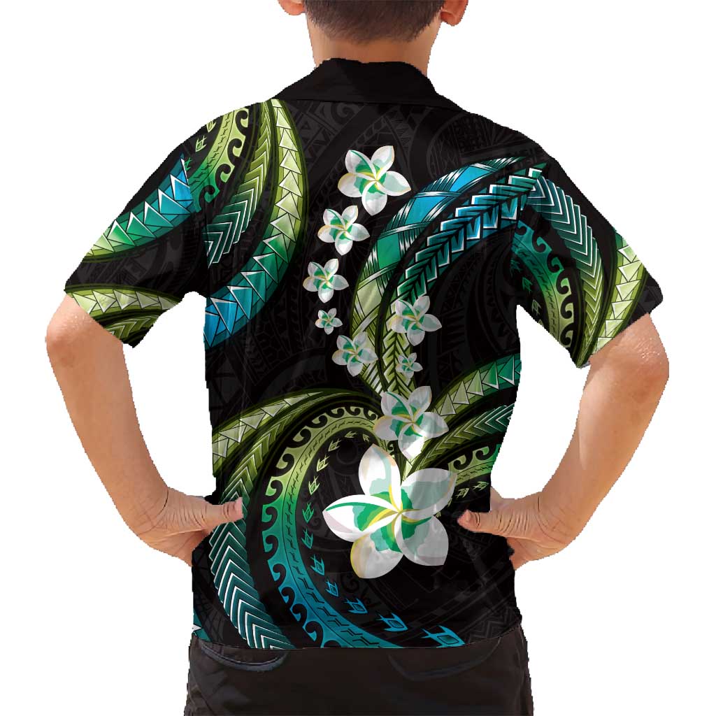 Hawaii Plumeria Family Matching Long Sleeve Bodycon Dress and Hawaiian Shirt Chartreuse Cyan Polynesian Pattern