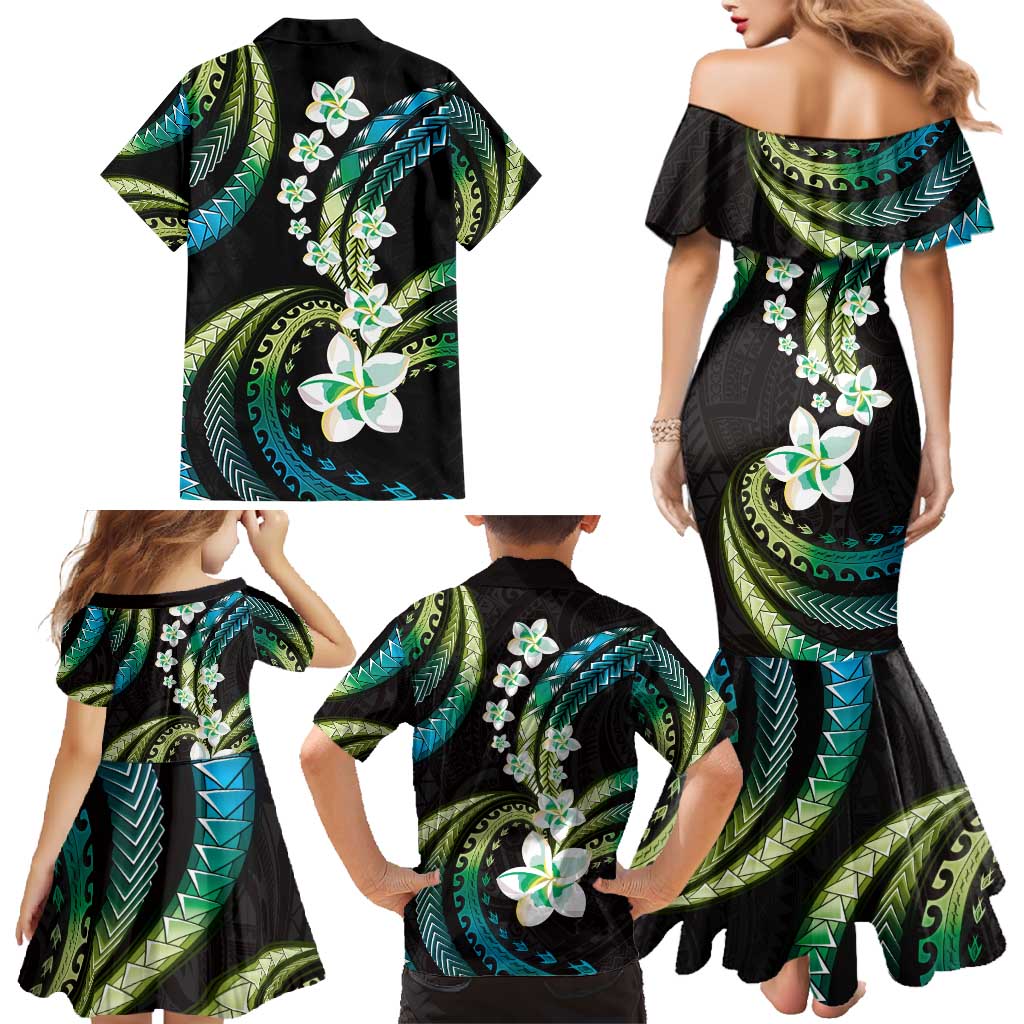 Hawaii Plumeria Family Matching Mermaid Dress and Hawaiian Shirt Chartreuse Cyan Polynesian Pattern
