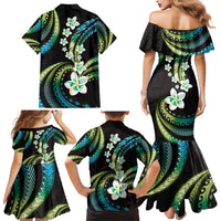Hawaii Plumeria Family Matching Mermaid Dress and Hawaiian Shirt Chartreuse Cyan Polynesian Pattern