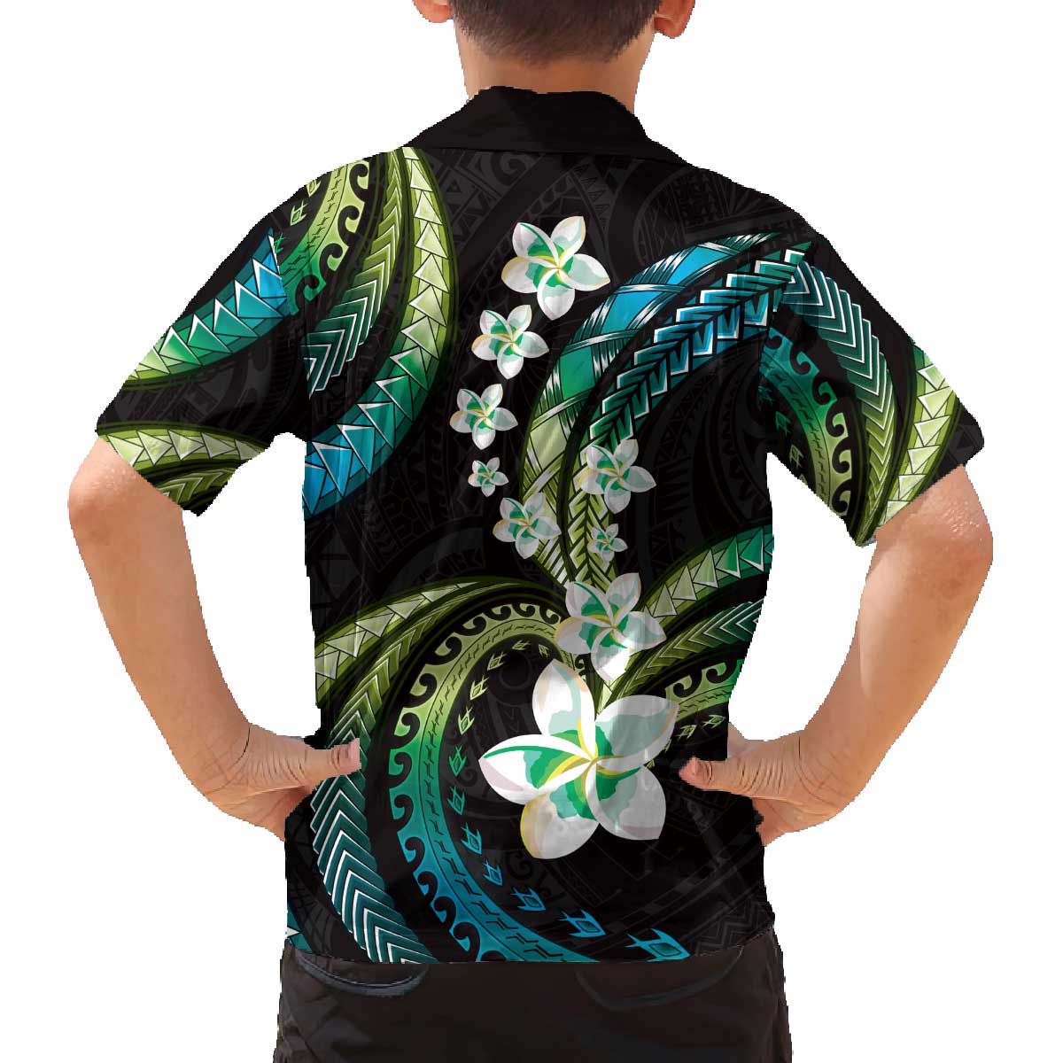 Hawaii Plumeria Family Matching Off The Shoulder Long Sleeve Dress and Hawaiian Shirt Chartreuse Cyan Polynesian Pattern