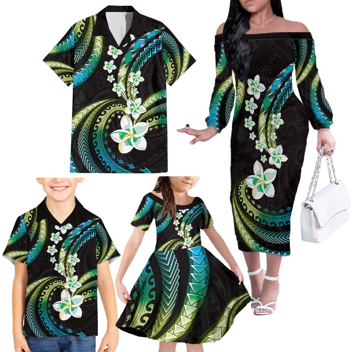 Hawaii Plumeria Family Matching Off The Shoulder Long Sleeve Dress and Hawaiian Shirt Chartreuse Cyan Polynesian Pattern
