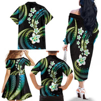 Hawaii Plumeria Family Matching Off The Shoulder Long Sleeve Dress and Hawaiian Shirt Chartreuse Cyan Polynesian Pattern