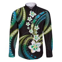 Hawaii Plumeria Family Matching Off The Shoulder Long Sleeve Dress and Hawaiian Shirt Chartreuse Cyan Polynesian Pattern