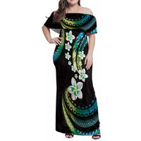 Hawaii Plumeria Family Matching Off Shoulder Maxi Dress and Hawaiian Shirt Chartreuse Cyan Polynesian Pattern