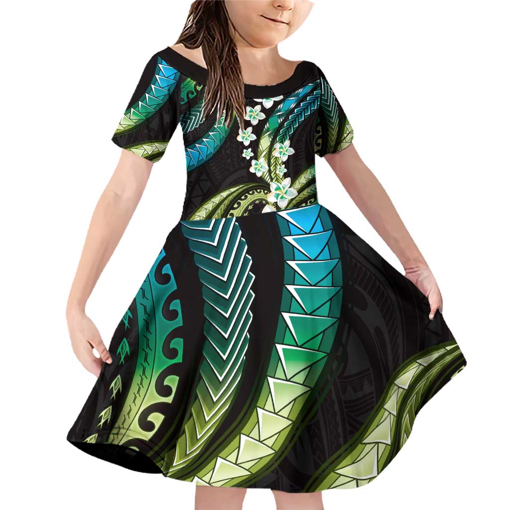 Hawaii Plumeria Family Matching Off Shoulder Short Dress and Hawaiian Shirt Chartreuse Cyan Polynesian Pattern