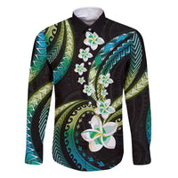 Hawaii Plumeria Family Matching Off Shoulder Short Dress and Hawaiian Shirt Chartreuse Cyan Polynesian Pattern