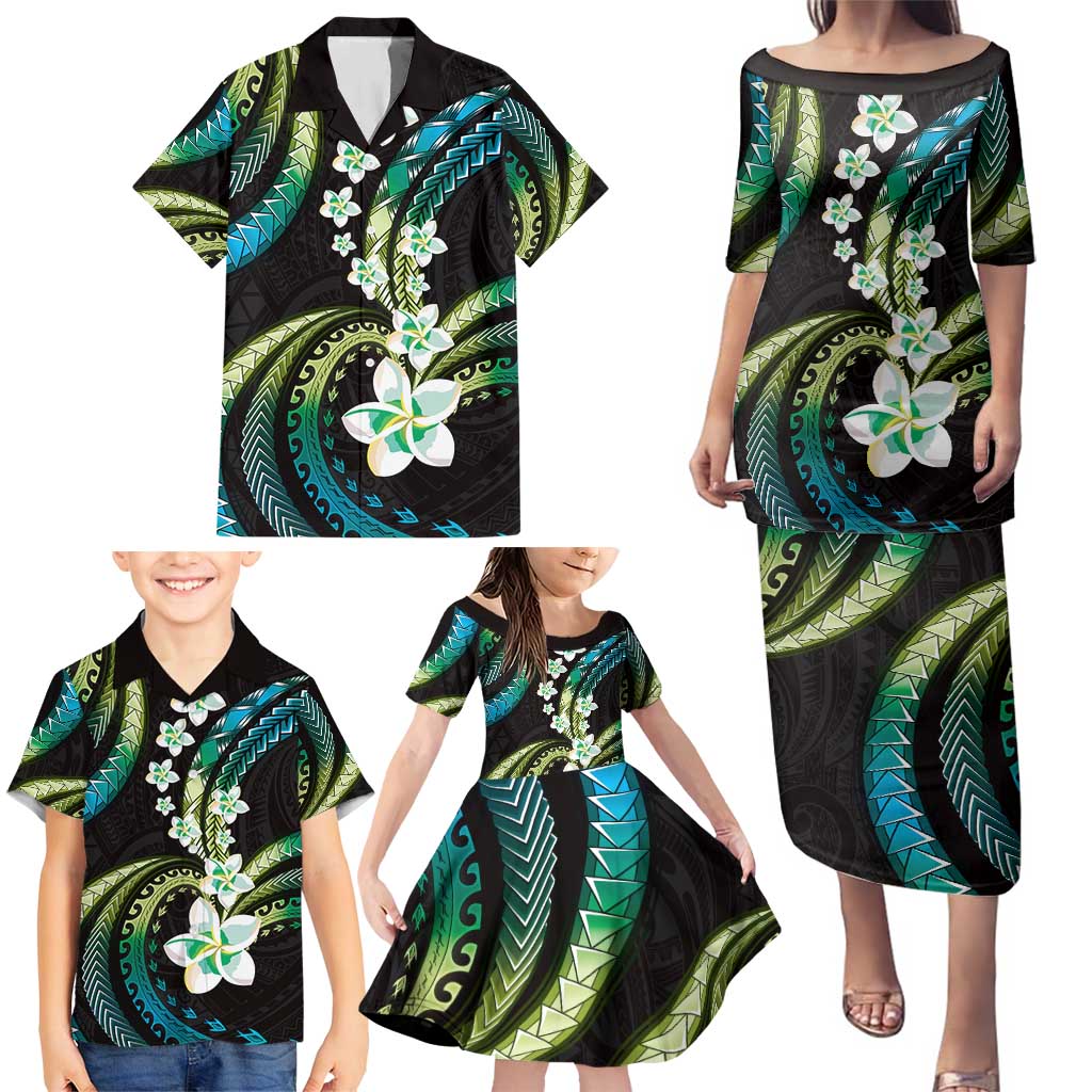 Hawaii Plumeria Family Matching Puletasi and Hawaiian Shirt Chartreuse Cyan Polynesian Pattern