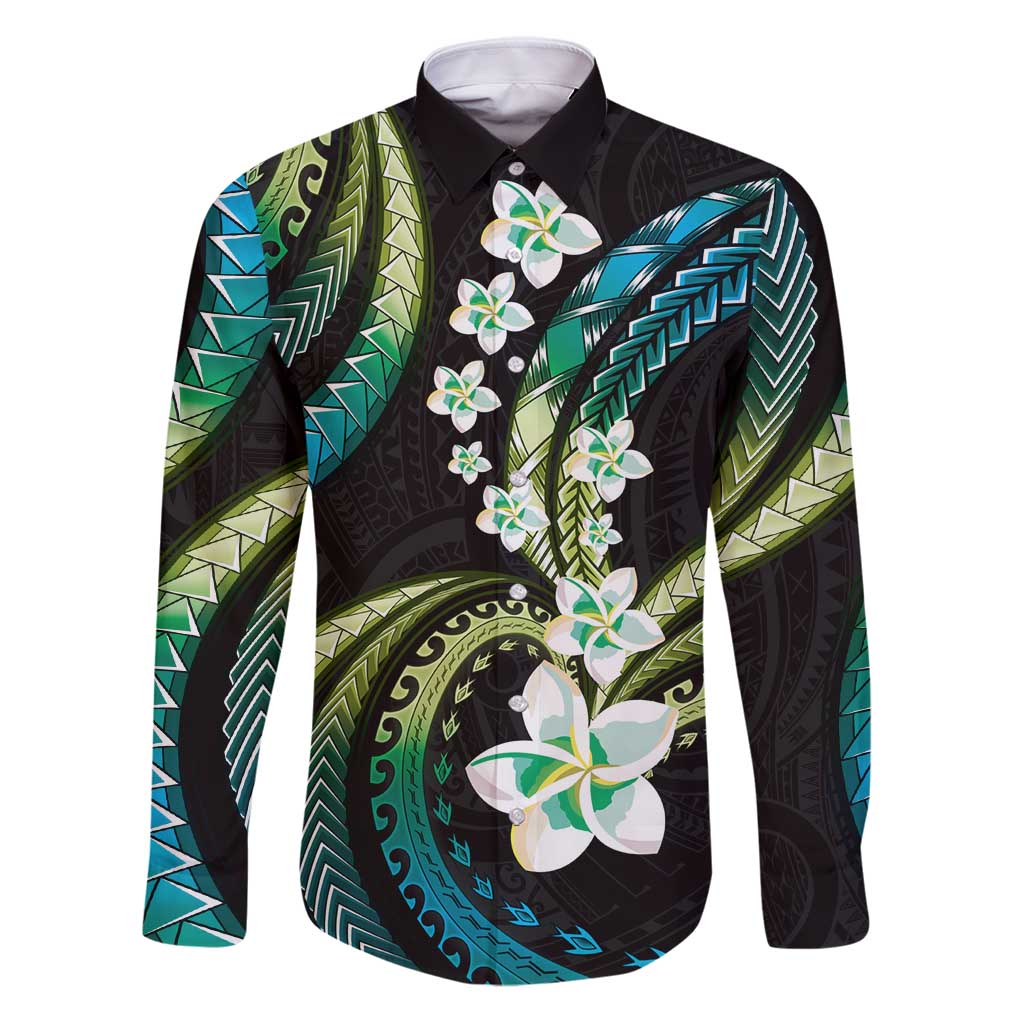 Hawaii Plumeria Family Matching Puletasi and Hawaiian Shirt Chartreuse Cyan Polynesian Pattern