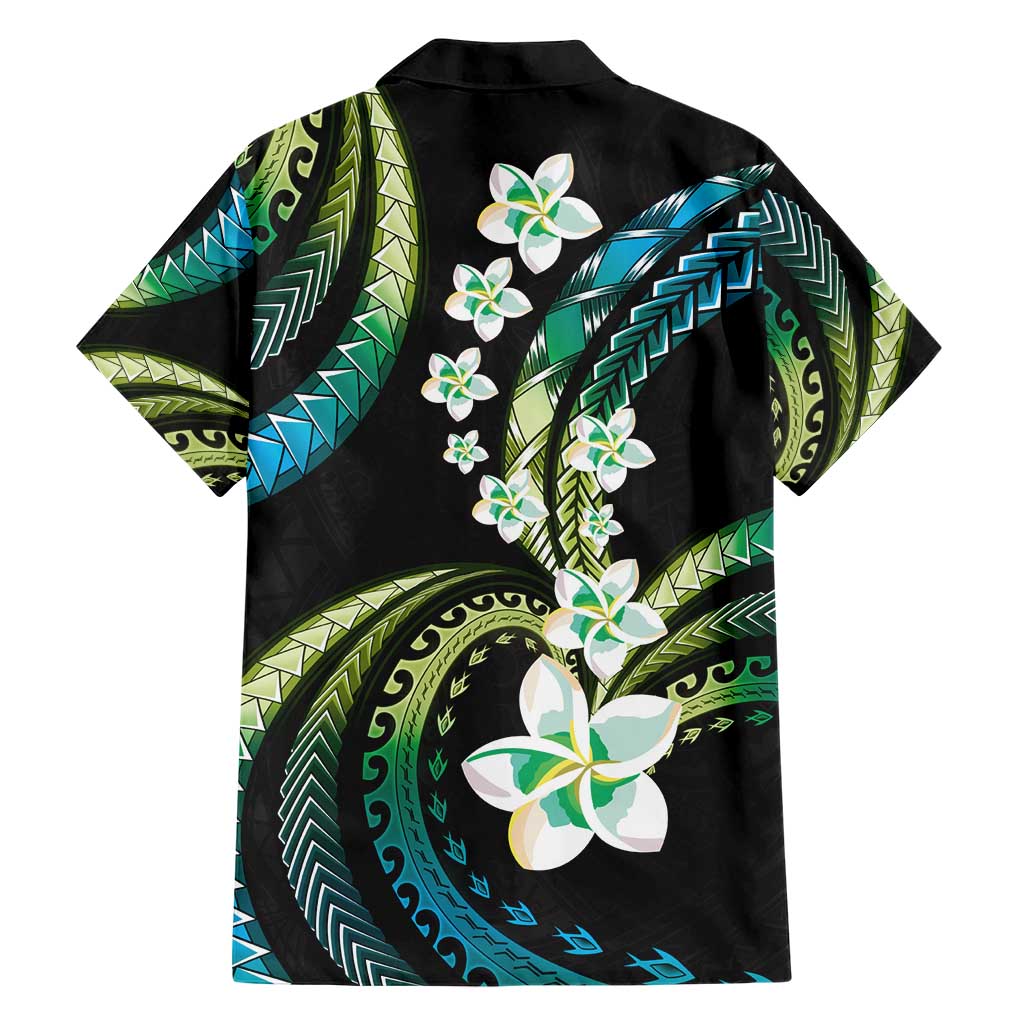 Hawaii Plumeria Family Matching Short Sleeve Bodycon Dress and Hawaiian Shirt Chartreuse Cyan Polynesian Pattern
