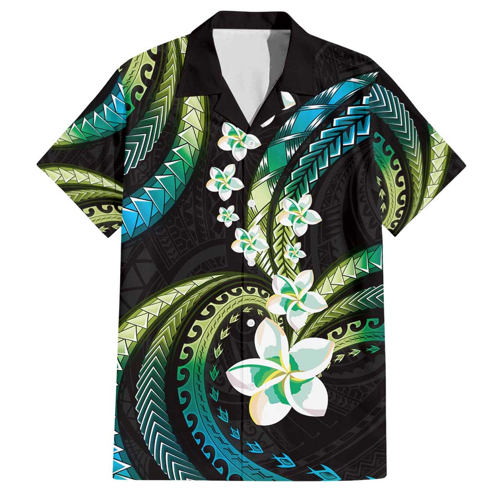 Hawaii Plumeria Family Matching Summer Maxi Dress and Hawaiian Shirt Chartreuse Cyan Polynesian Pattern