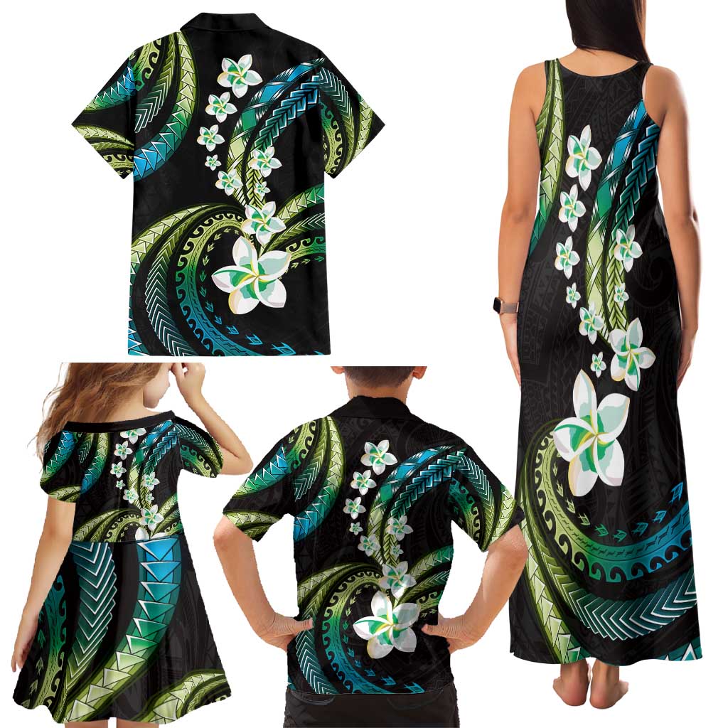 Hawaii Plumeria Family Matching Tank Maxi Dress and Hawaiian Shirt Chartreuse Cyan Polynesian Pattern