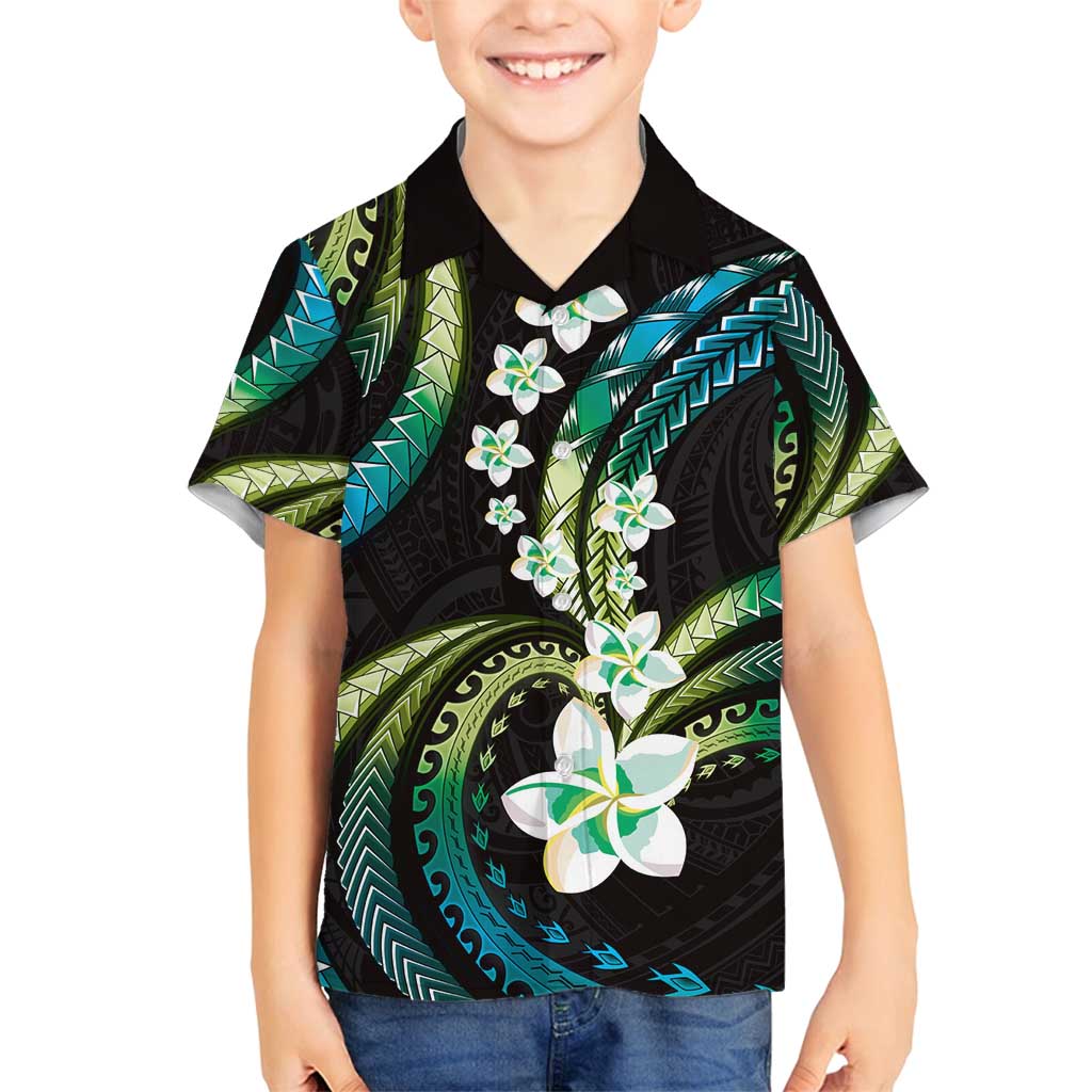 Hawaii Plumeria Family Matching Tank Maxi Dress and Hawaiian Shirt Chartreuse Cyan Polynesian Pattern