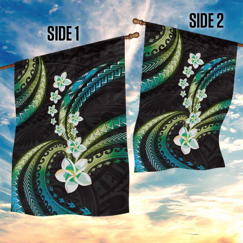 Hawaii Plumeria Garden Flag Chartreuse Cyan Polynesian Pattern