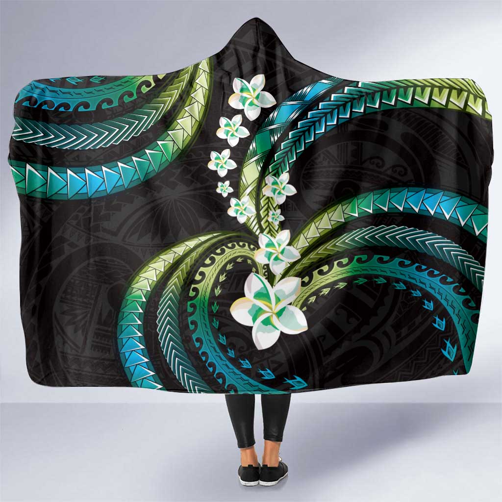 Hawaii Plumeria Hooded Blanket Chartreuse Cyan Polynesian Pattern