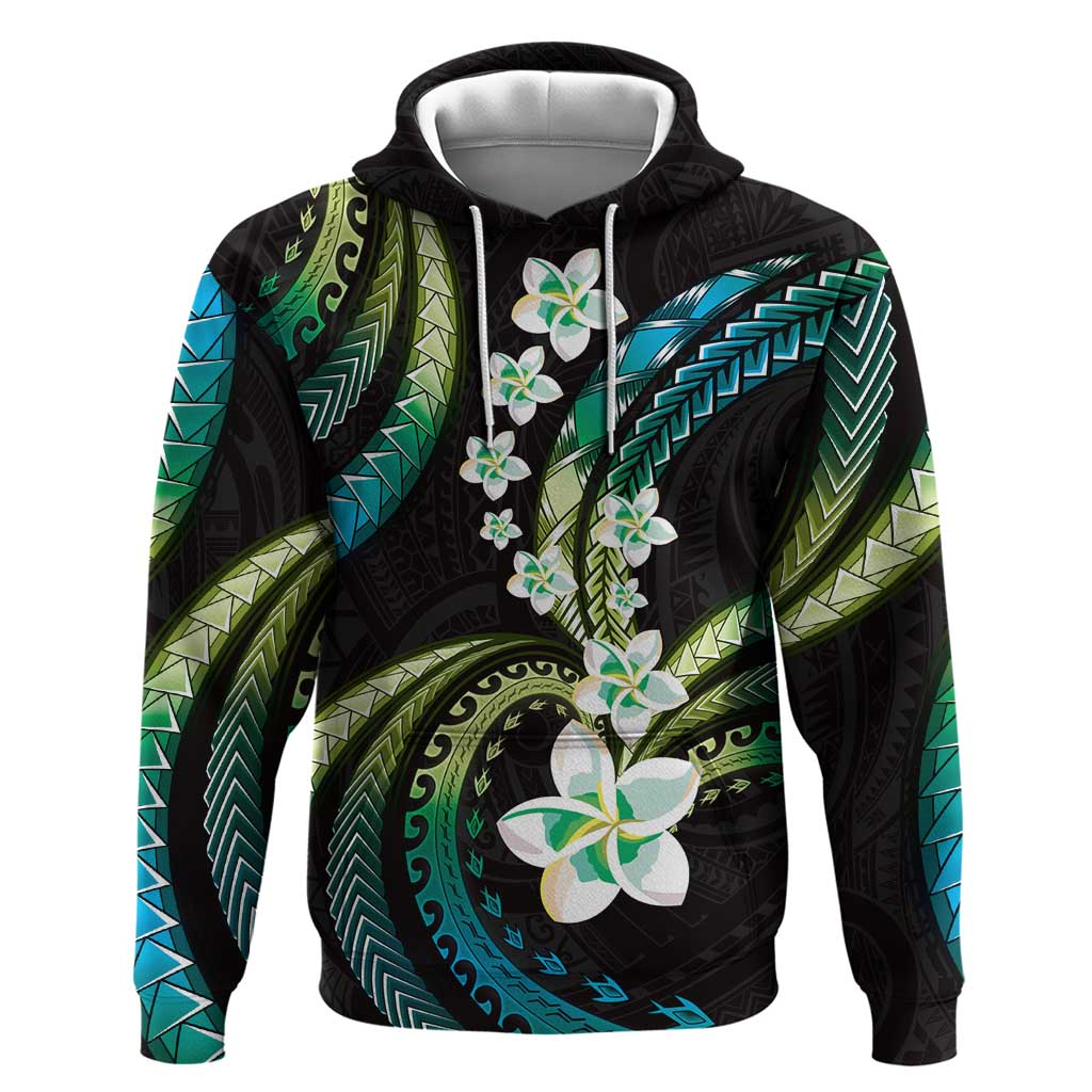 Hawaii Plumeria Hoodie Chartreuse Cyan Polynesian Pattern