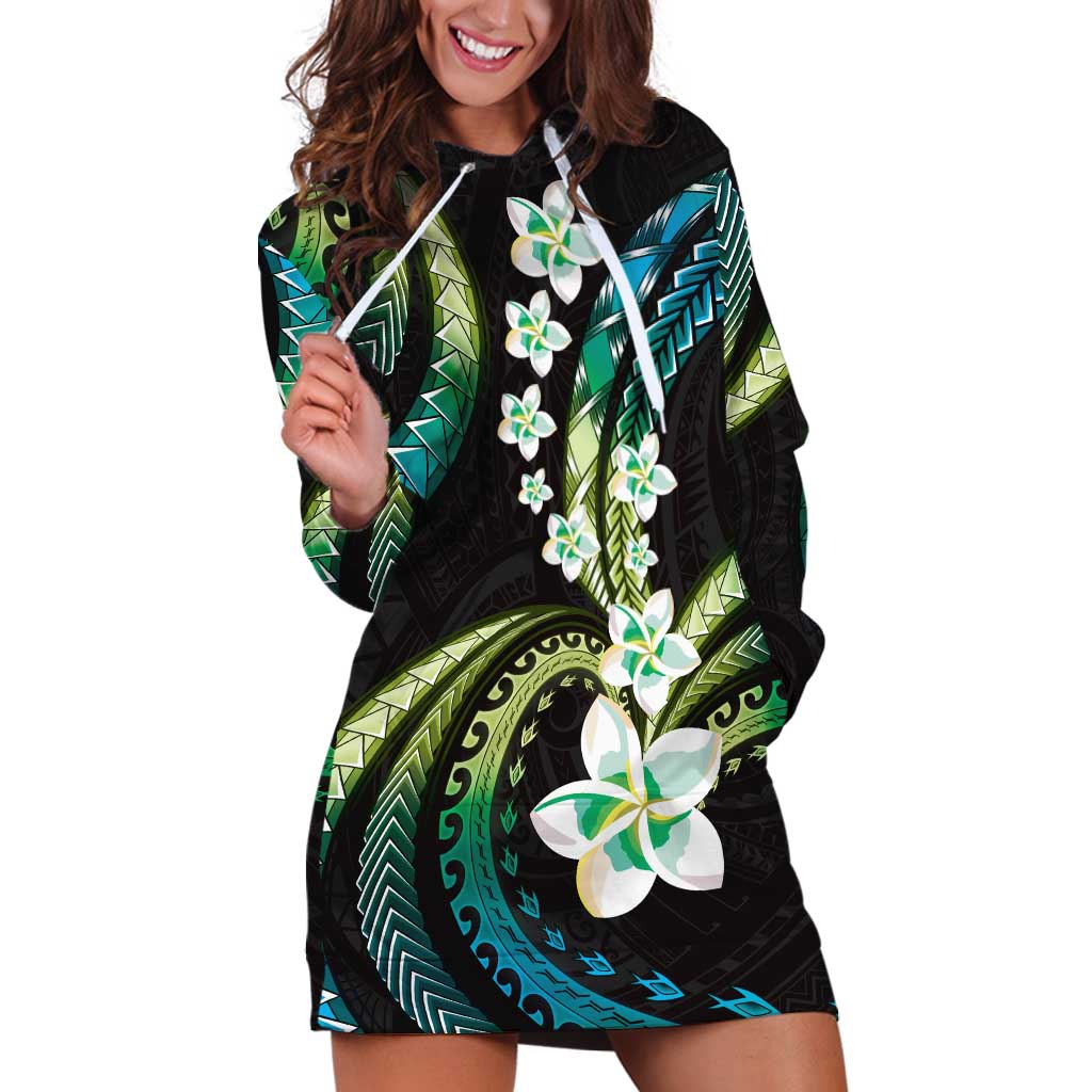 Hawaii Plumeria Hoodie Dress Chartreuse Cyan Polynesian Pattern