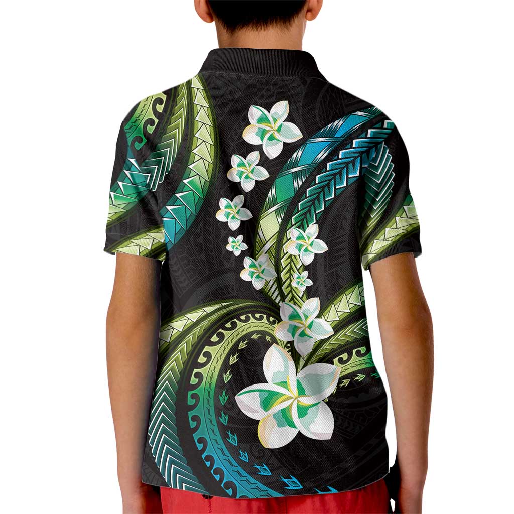 Hawaii Plumeria Kid Polo Shirt Chartreuse Cyan Polynesian Pattern