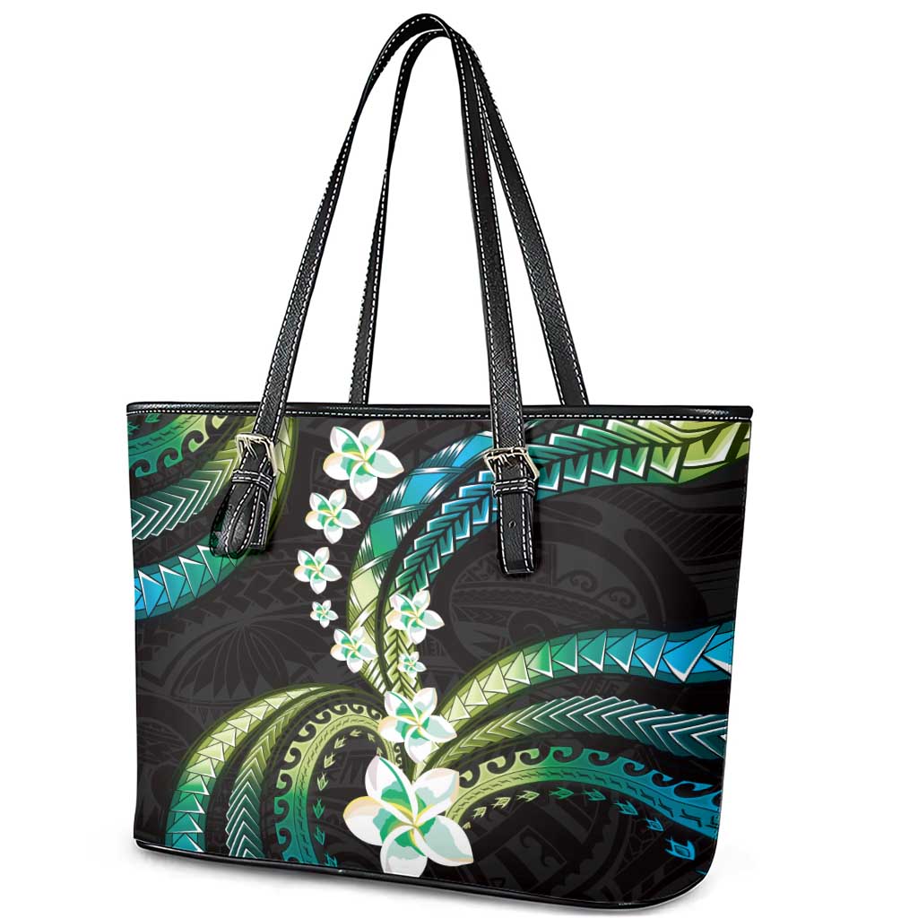 Hawaii Plumeria Leather Tote Bag Chartreuse Cyan Polynesian Pattern