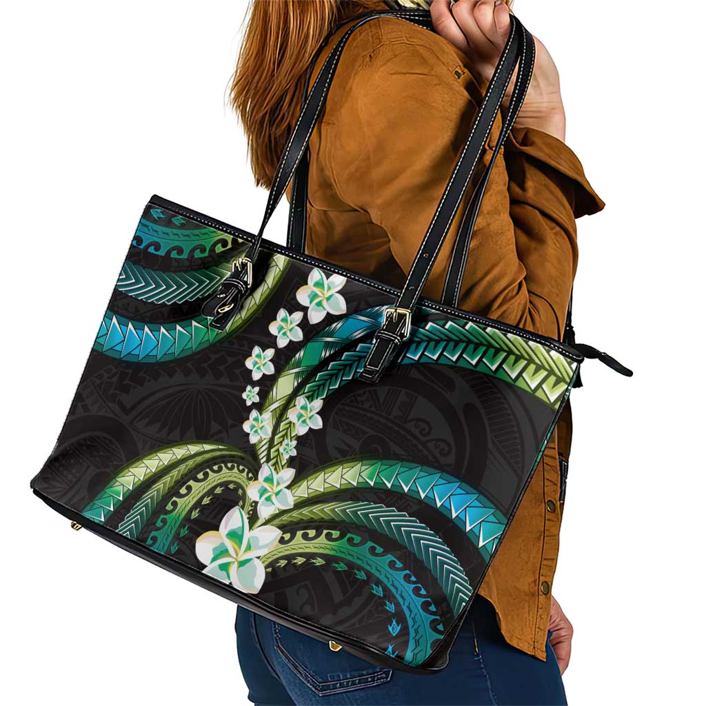 Hawaii Plumeria Leather Tote Bag Chartreuse Cyan Polynesian Pattern