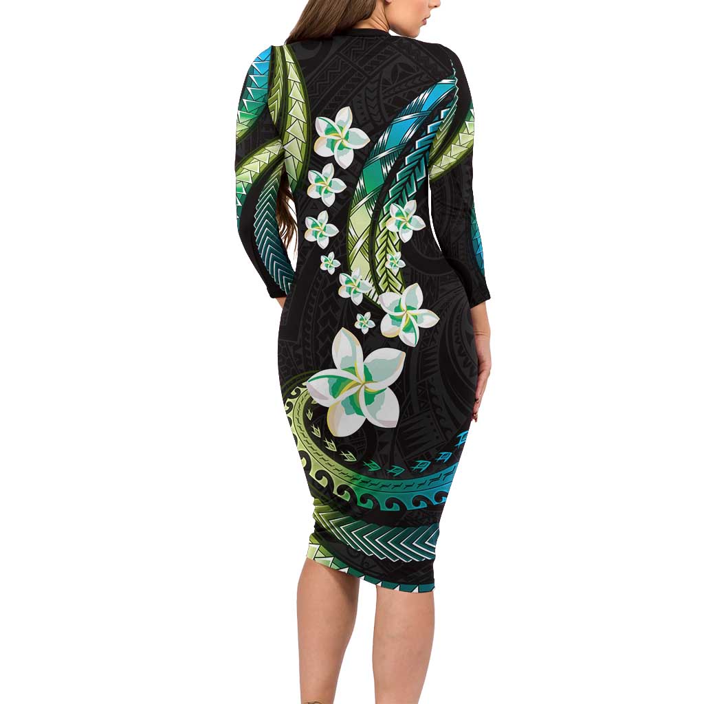 Hawaii Plumeria Long Sleeve Bodycon Dress Chartreuse Cyan Polynesian Pattern