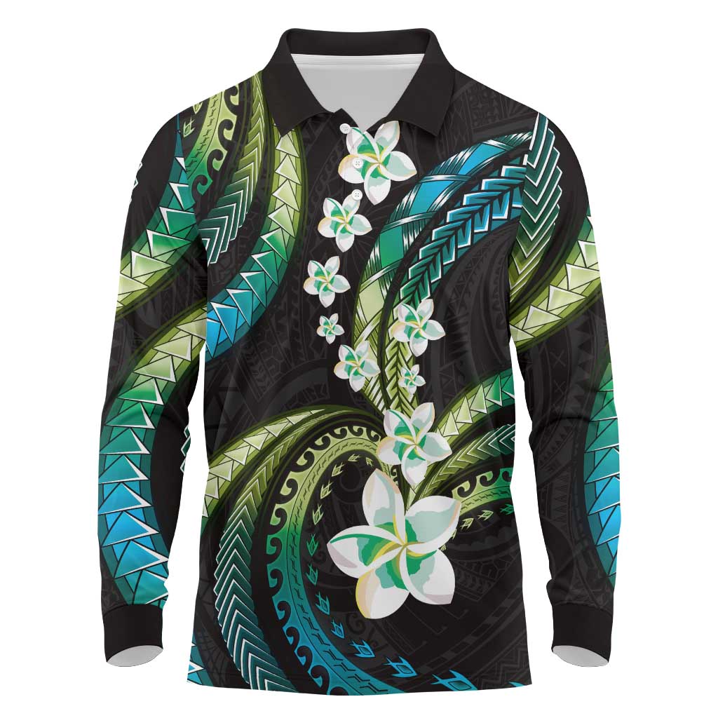 Hawaii Plumeria Long Sleeve Polo Shirt Chartreuse Cyan Polynesian Pattern