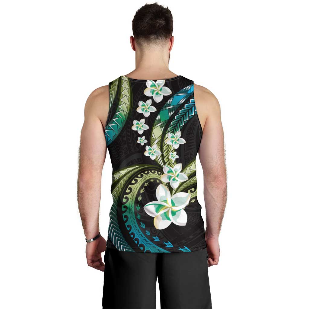 Hawaii Plumeria Men Tank Top Chartreuse Cyan Polynesian Pattern