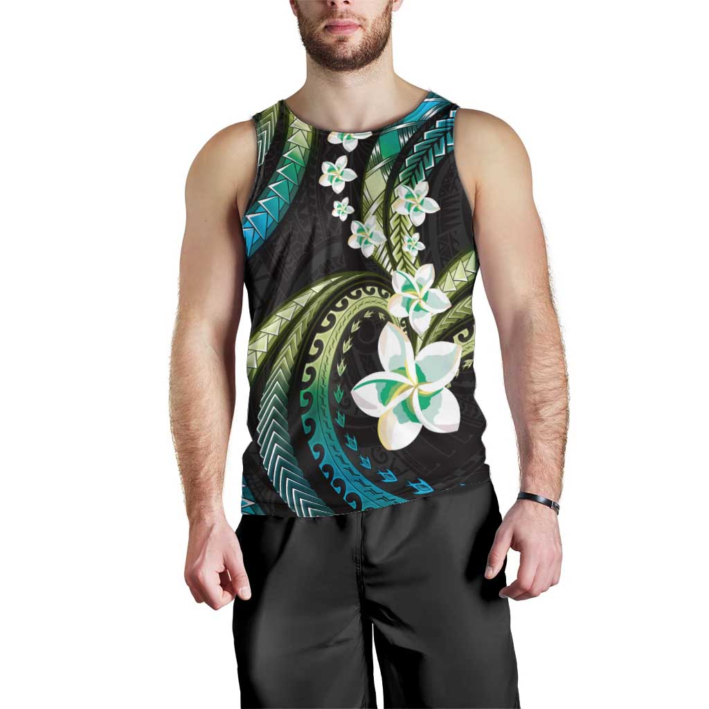 Hawaii Plumeria Men Tank Top Chartreuse Cyan Polynesian Pattern