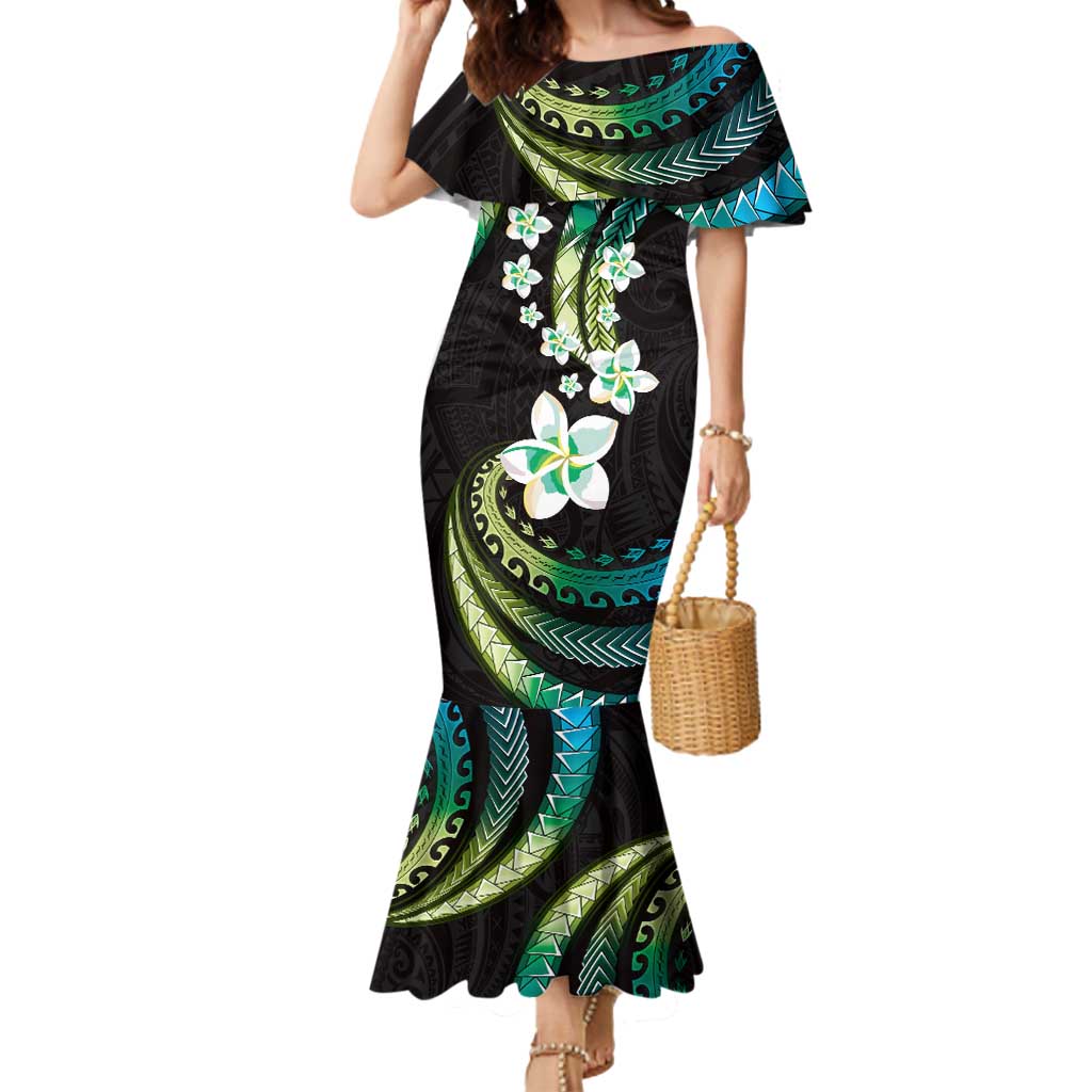 Hawaii Plumeria Mermaid Dress Chartreuse Cyan Polynesian Pattern