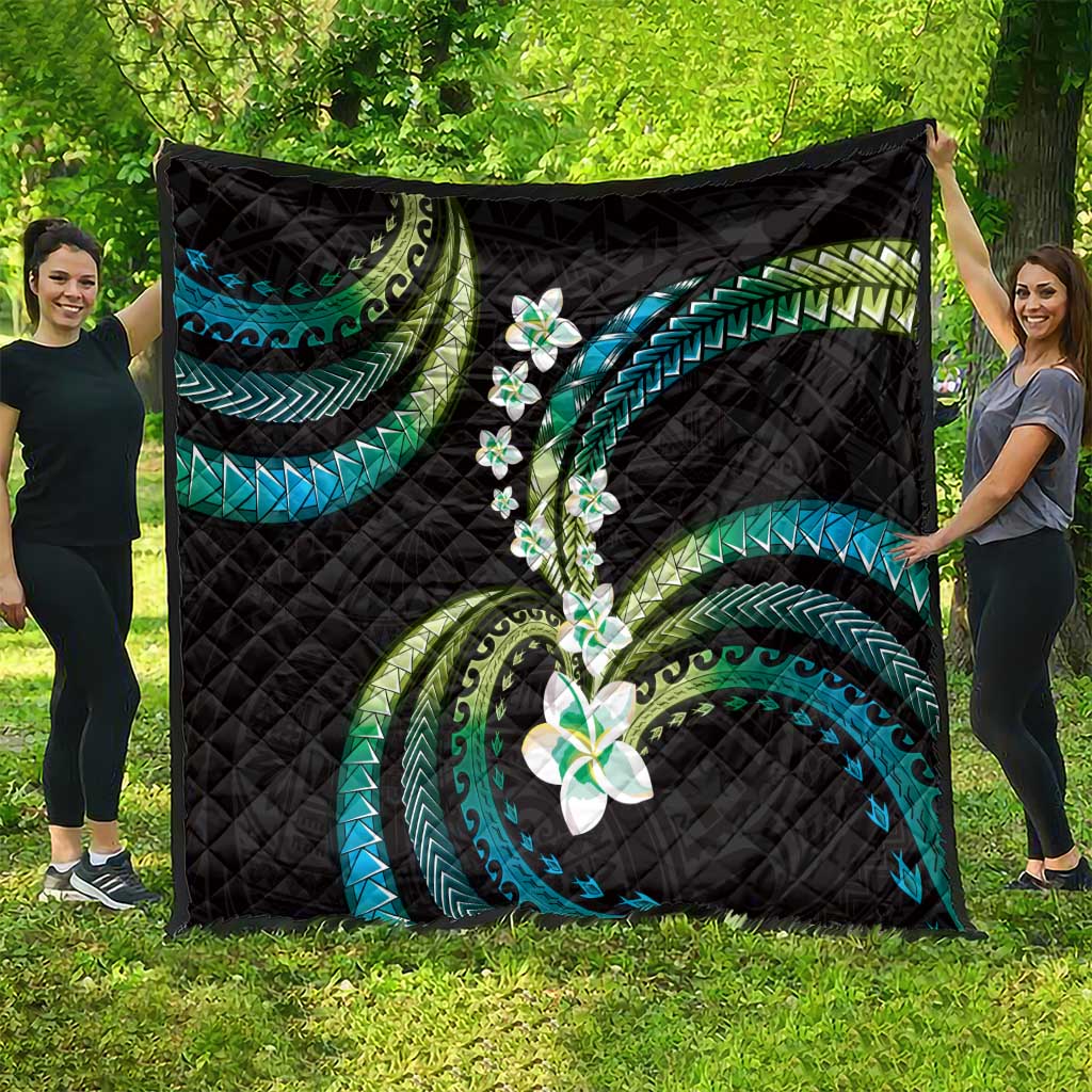 Hawaii Plumeria Quilt Chartreuse Cyan Polynesian Pattern