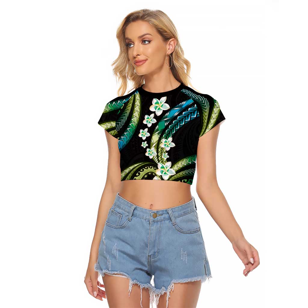 Hawaii Plumeria Raglan Cropped T Shirt Chartreuse Cyan Polynesian Pattern