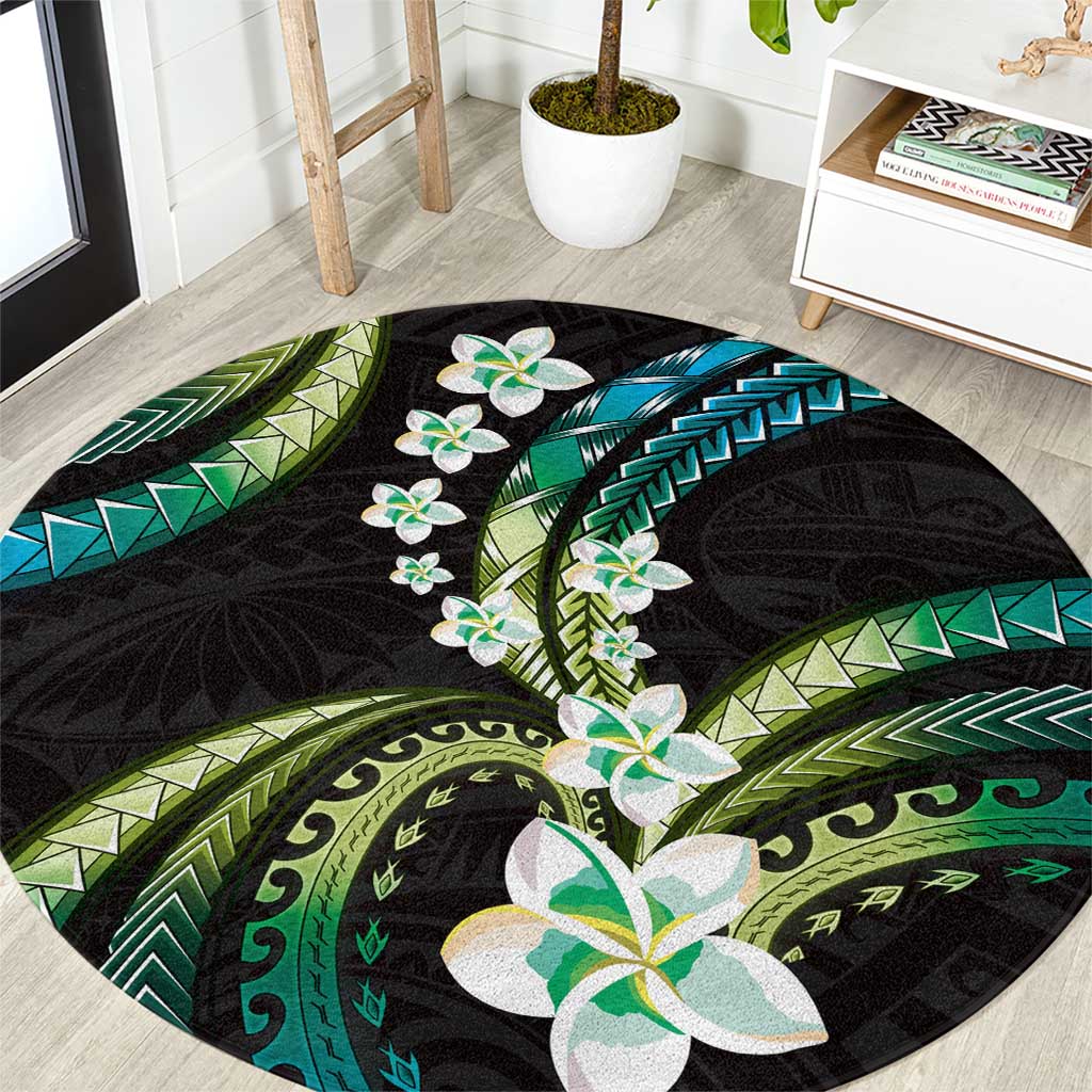 Hawaii Plumeria Round Carpet Chartreuse Cyan Polynesian Pattern