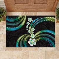 Hawaii Plumeria Rubber Doormat Chartreuse Cyan Polynesian Pattern