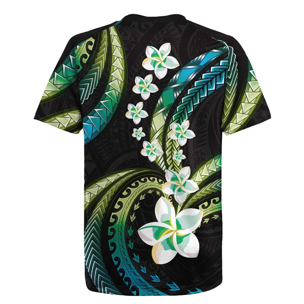 Hawaii Plumeria Rugby Jersey Chartreuse Cyan Polynesian Pattern
