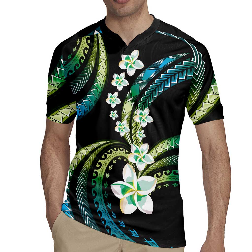 Hawaii Plumeria Rugby Jersey Chartreuse Cyan Polynesian Pattern
