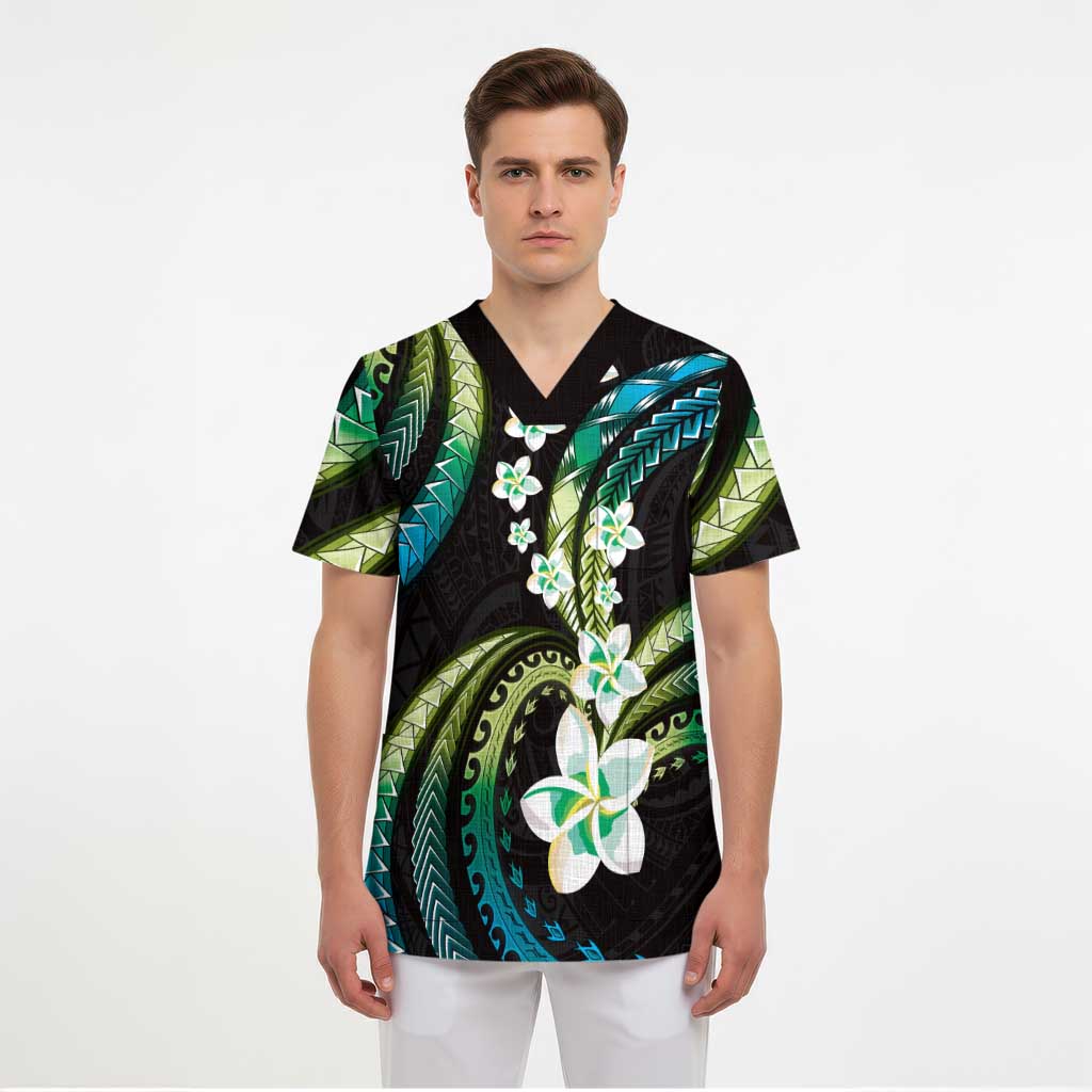 Hawaii Plumeria Scrub Top Chartreuse Cyan Polynesian Pattern - Polynesian Pride