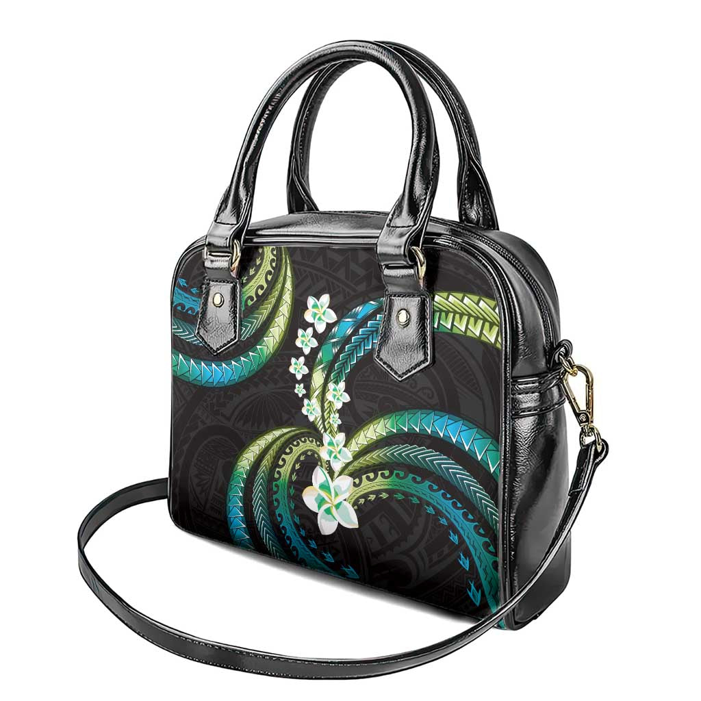 Hawaii Plumeria Shoulder Handbag Chartreuse Cyan Polynesian Pattern